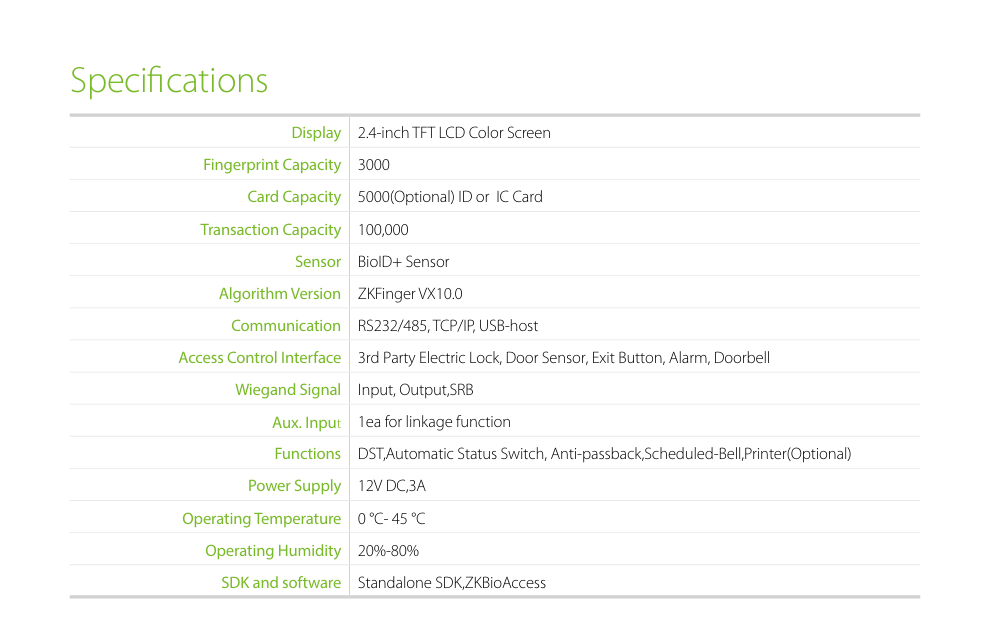 ZKTeco F21 Specifications