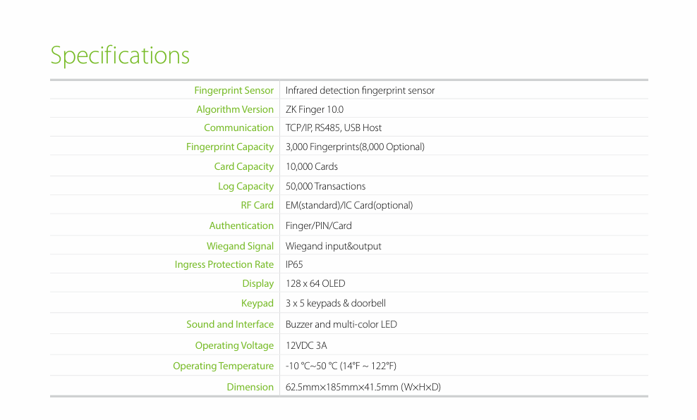 ZKTeco TF1700 Technical Specifications